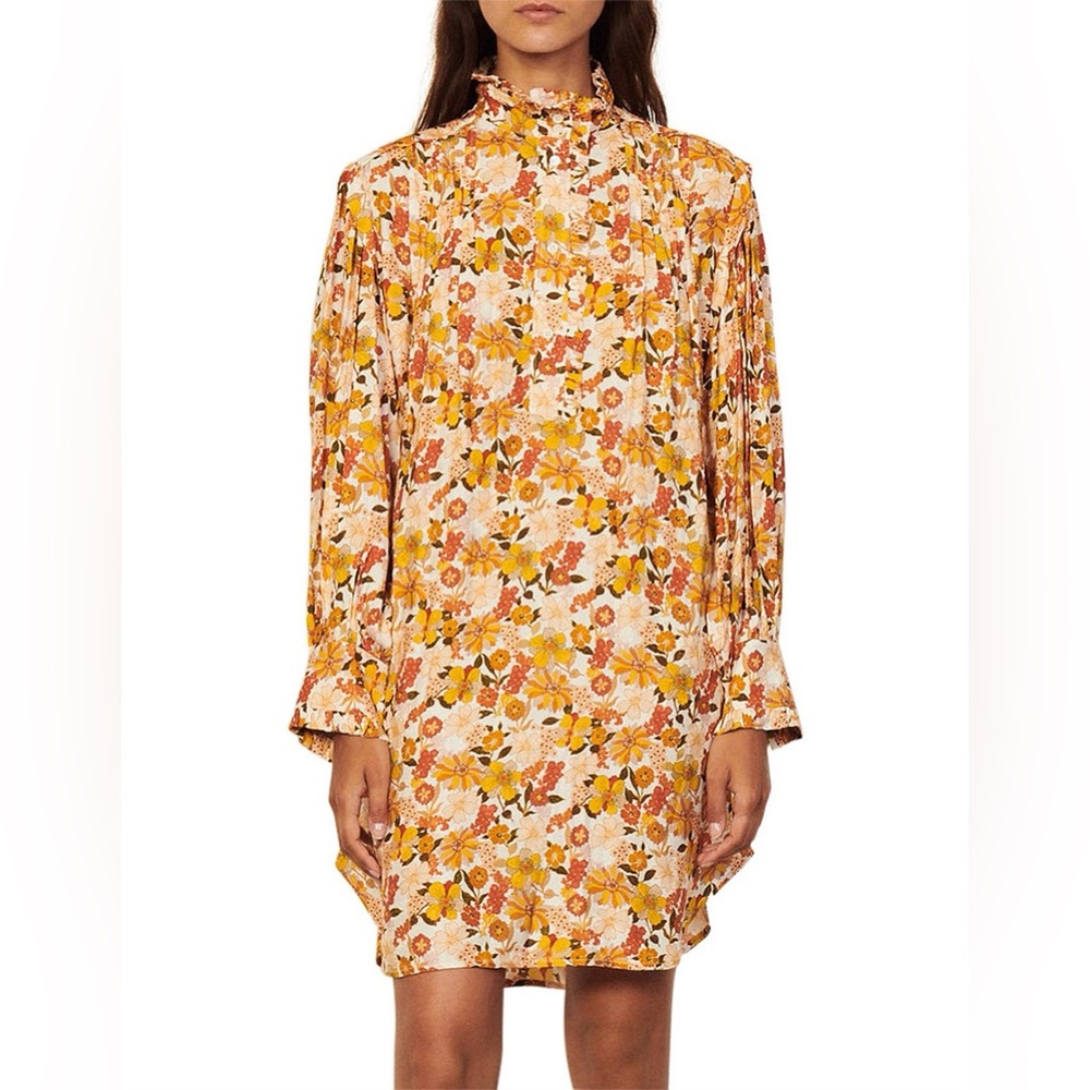 Sandro Filipa Floral Long Sleeve Mini Dress Orange Yellow Size 36 NWT